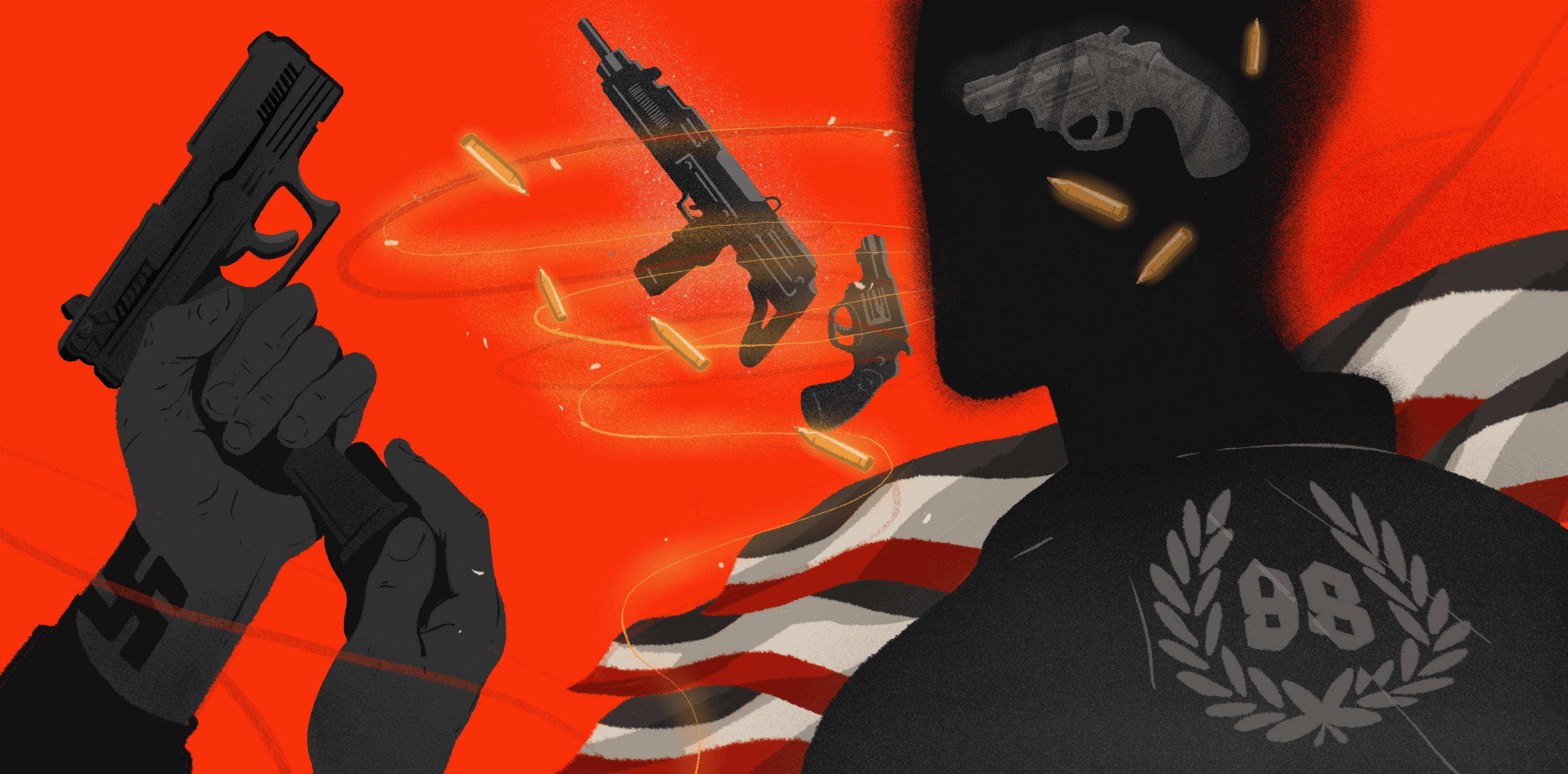 Illustration, die stilisiert Rechtsextreme mit Waffen zeigt