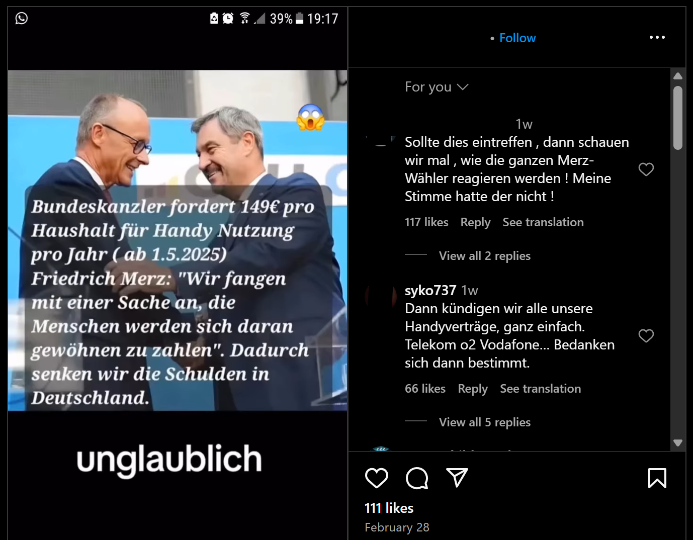 Beitrag mit Behauptung zu Merz und der angeblichen Handysteuer